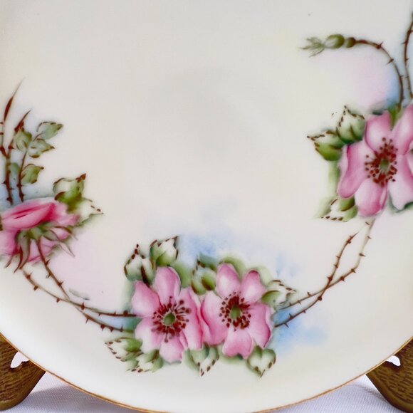 Antique P.S. Germany Hand-Painted Porcelain Plate Pink Floral Gold Trim Signed - Picture 3 of 10